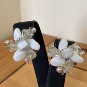 White Milk Glass & Rhinestone Bead Cluster Clip-On Earrings Vintage West Germany